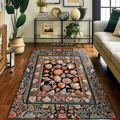 Whimsical Sea Shell Beachy Area Rug | Rustic Beach House Aesthetic Marine-Inspired Art Nautical Design Boho Decor Ocean Lore Coastal Accent