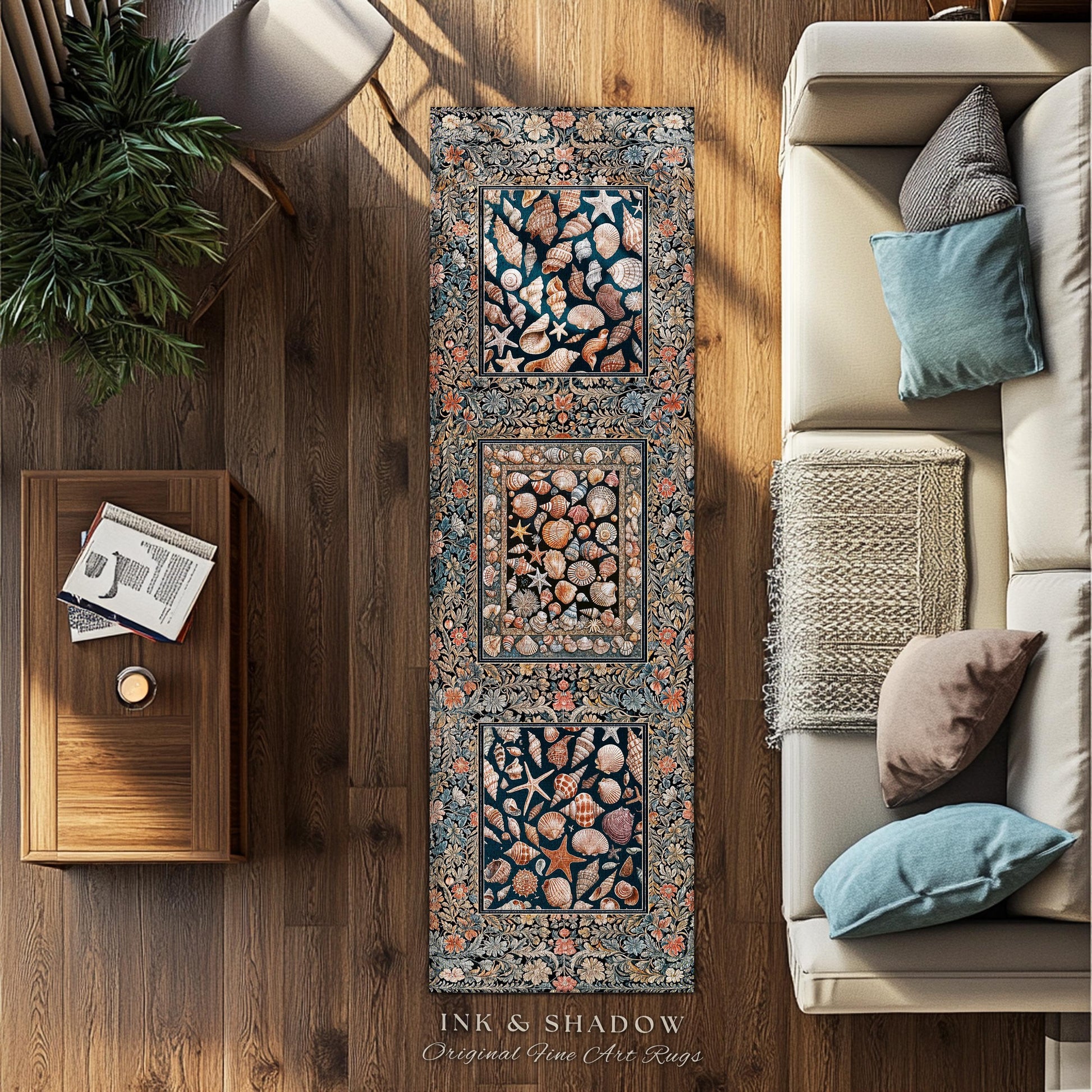 Whimsical Sea Shell Beachy Area Rug | Rustic Beach House Aesthetic Marine-Inspired Art Nautical Design Boho Decor Ocean Lore Coastal Accent