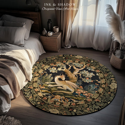 Fantasy Inspired Round Area Rug | Dark Academia Gothic Book Nook Decor Fairycore Bedroom Magical Dragon Aesthetic Maximalist Game Room Rug |