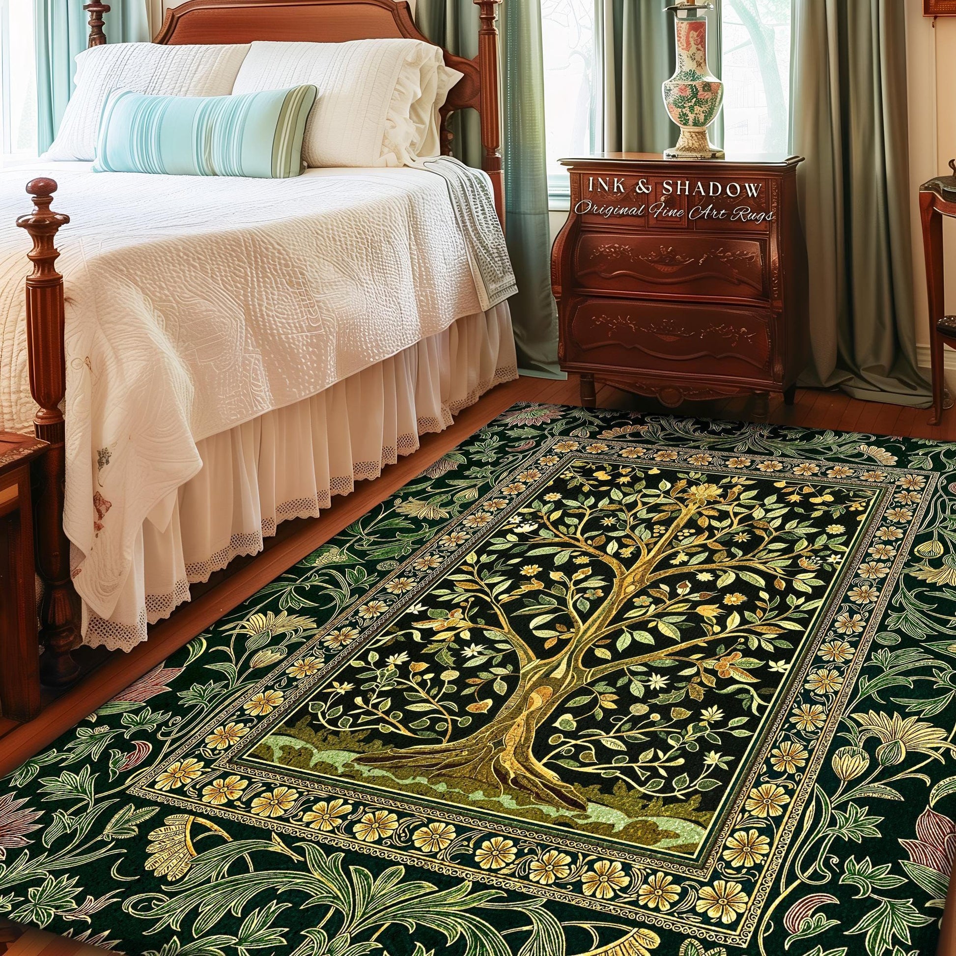 Golden Aesthetic Tree of Life Rug | Emerald Botanical Decor Romantic Folklore Gothic Tapestry Style Vintage Floral Maximalist Home Accent |
