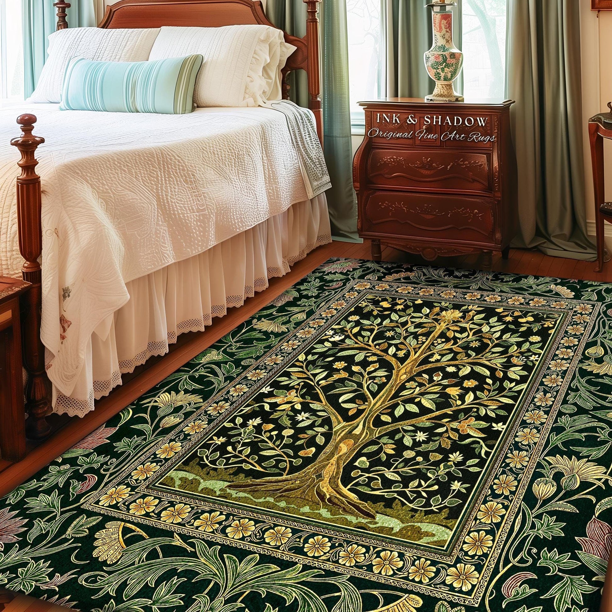 Golden Aesthetic Tree of Life Rug | Emerald Botanical Decor Romantic Folklore Gothic Tapestry Style Vintage Floral Maximalist Home Accent |