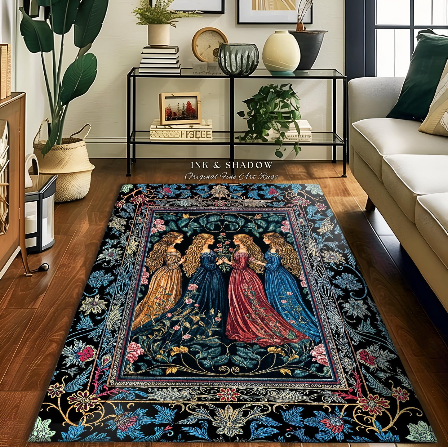 Wiccan Witchcraft Moody Area Rug | Whimsigothic Dark Fairytale Gothic Renaissance Botanical Magic Medieval Bedroom Decor Witchcraft Carpet |