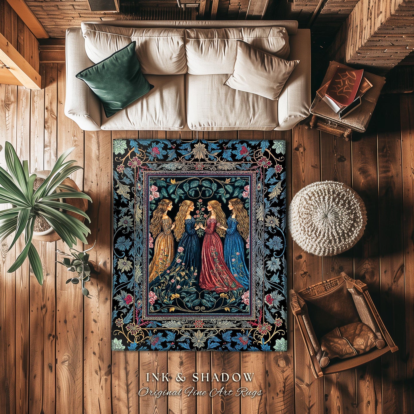 Wiccan Witchcraft Moody Area Rug | Whimsigothic Dark Fairytale Gothic Renaissance Botanical Magic Medieval Bedroom Decor Witchcraft Carpet |