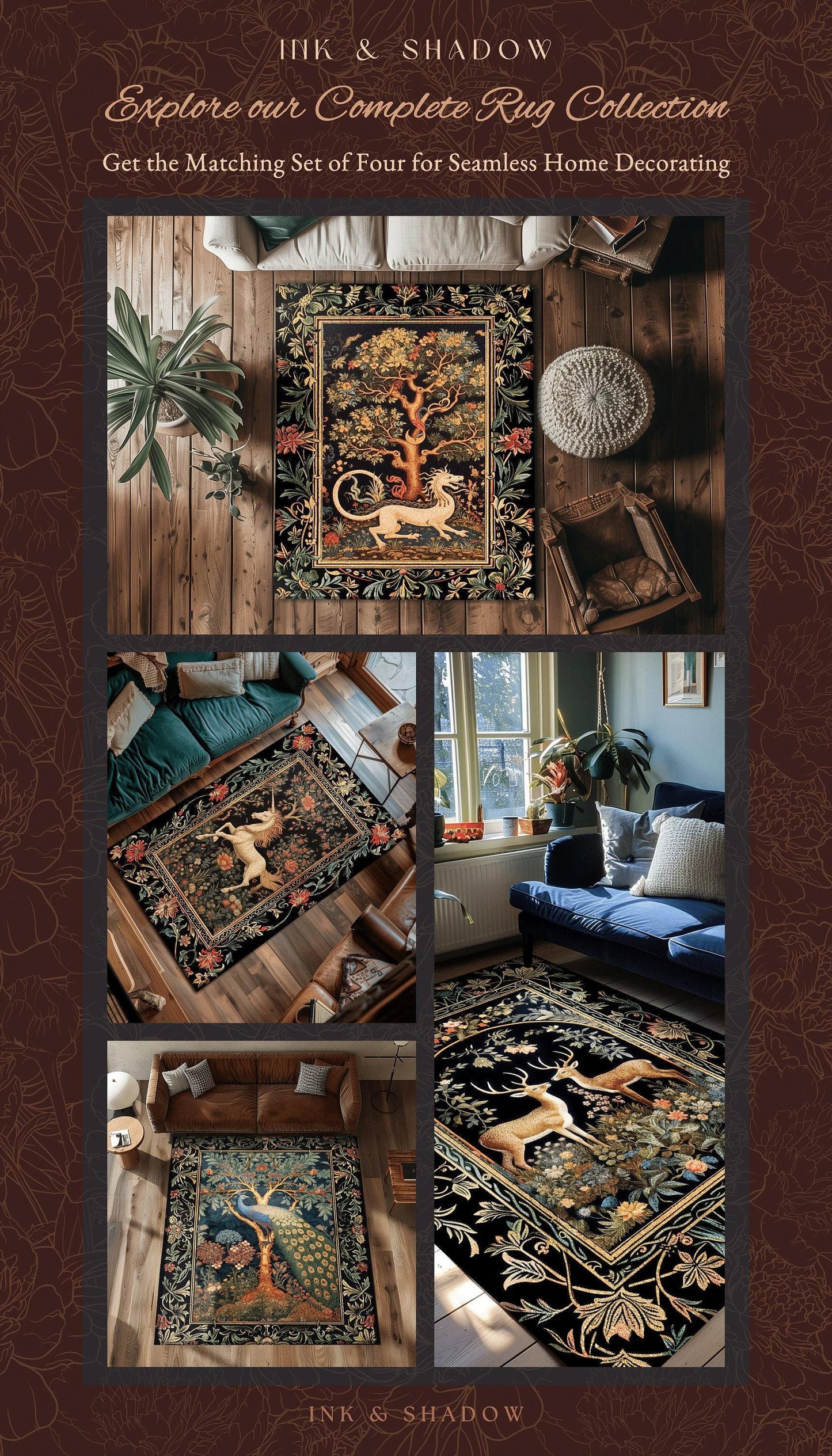 Mystical Deer Lovers Round Rug Vintage Floral Cottagecore Aesthetic Fairycore Decor | Magical Nature Inspired Woodland Forest Deer Art Rug