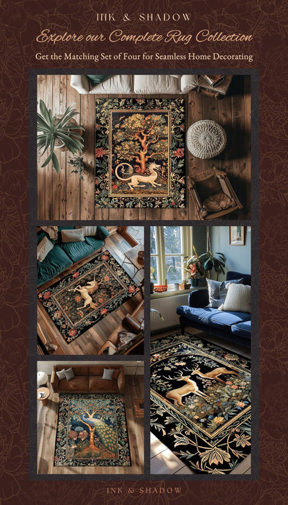 Mystical Deer Lovers Round Rug Vintage Floral Cottagecore Aesthetic Fairycore Decor | Magical Nature Inspired Woodland Forest Deer Art Rug