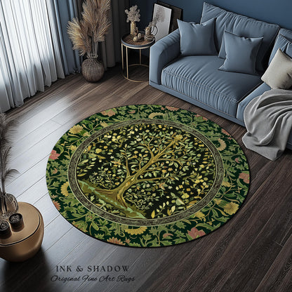 Golden Aesthetic Tree of Life Rug | Emerald Botanical Decor Romantic Folklore Gothic Tapestry Style Vintage Floral Maximalist Home Accent |