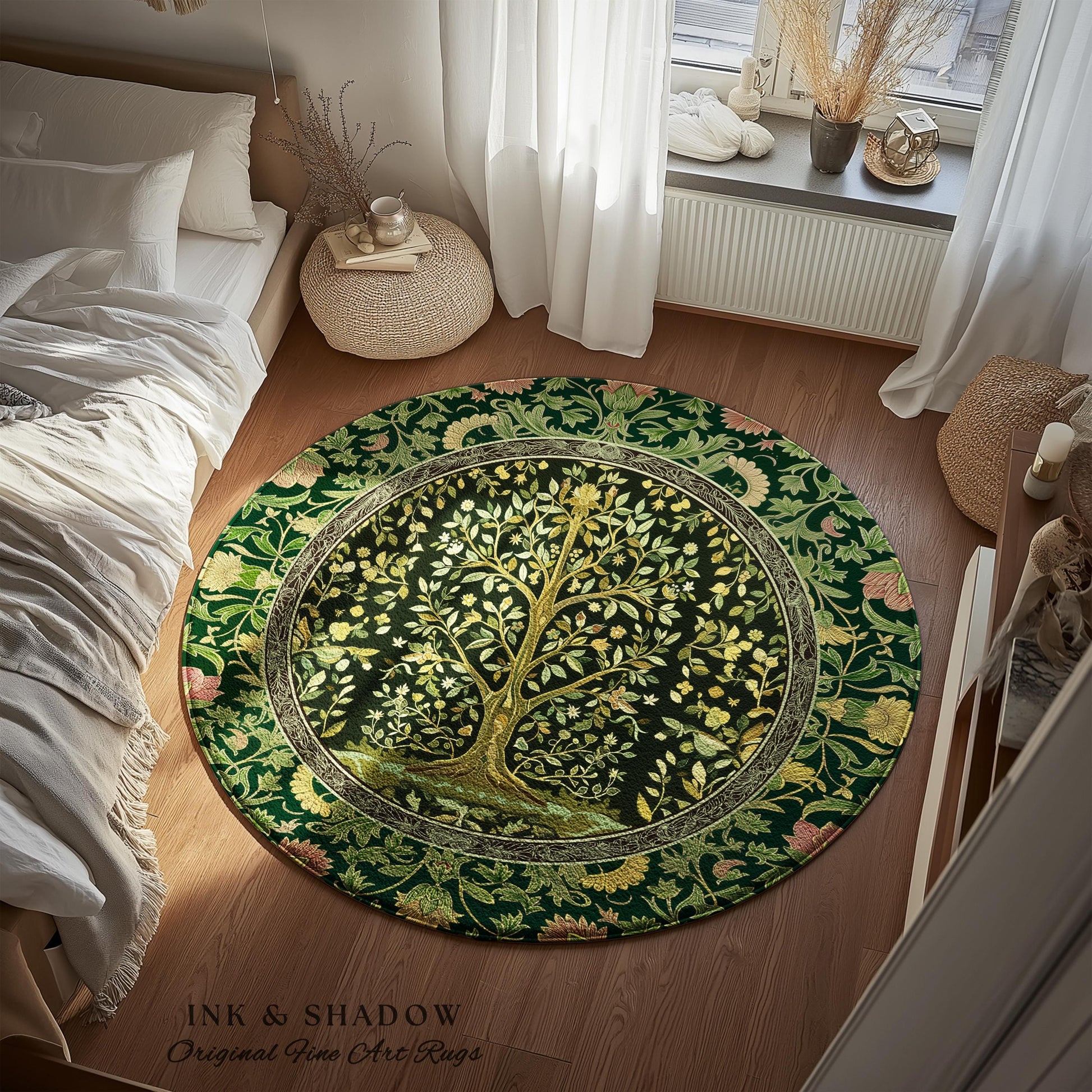 Golden Aesthetic Tree of Life Rug | Emerald Botanical Decor Romantic Folklore Gothic Tapestry Style Vintage Floral Maximalist Home Accent |