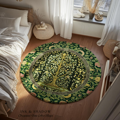 Golden Aesthetic Tree of Life Rug | Emerald Botanical Decor Romantic Folklore Gothic Tapestry Style Vintage Floral Maximalist Home Accent |