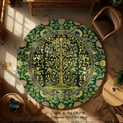 Golden Aesthetic Tree of Life Rug | Emerald Botanical Decor Romantic Folklore Gothic Tapestry Style Vintage Floral Maximalist Home Accent |