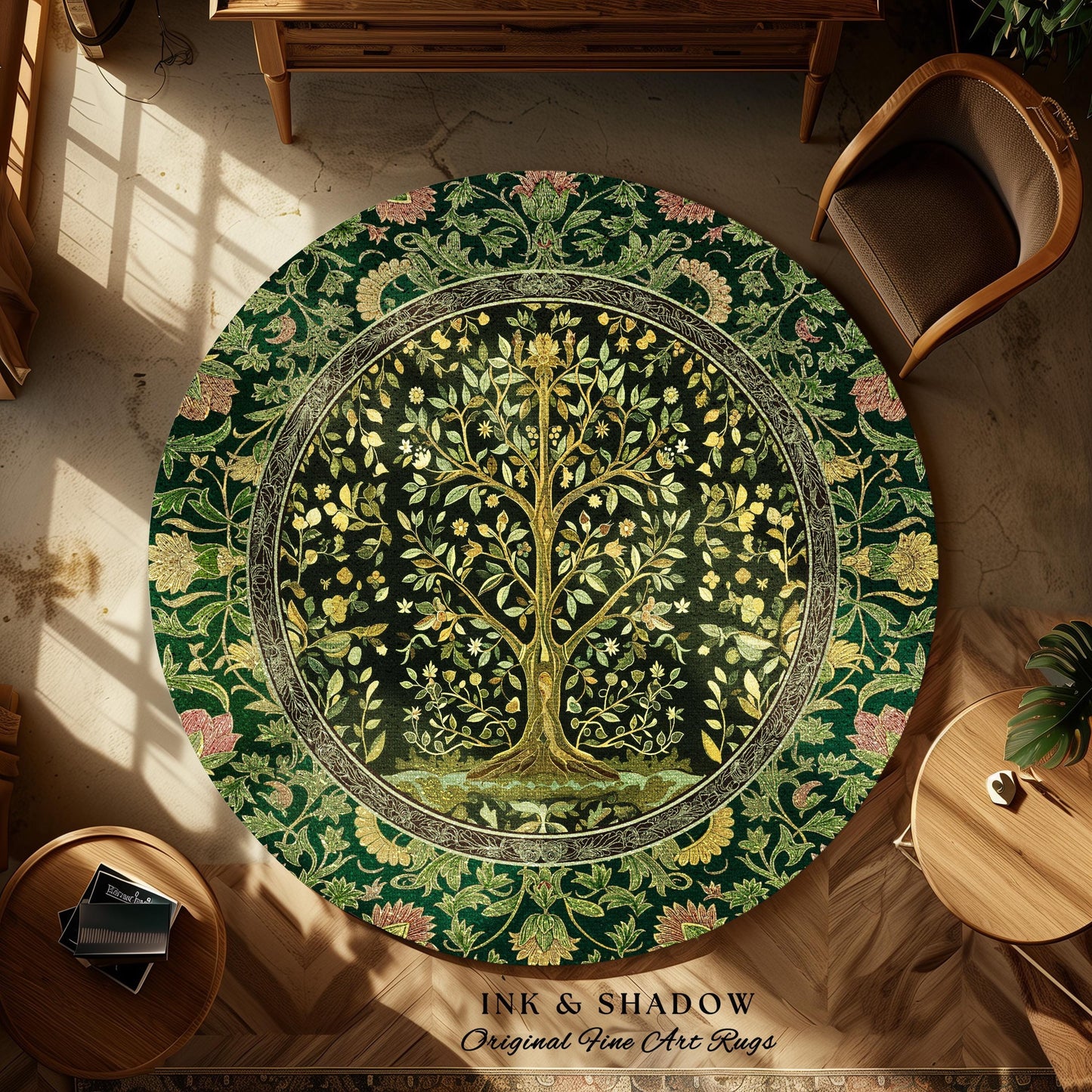 Golden Aesthetic Tree of Life Rug | Emerald Botanical Decor Romantic Folklore Gothic Tapestry Style Vintage Floral Maximalist Home Accent |
