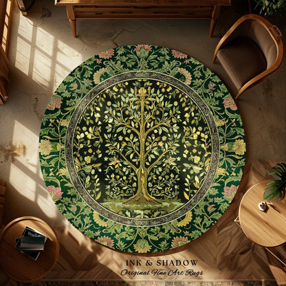 Golden Aesthetic Tree of Life Rug | Emerald Botanical Decor Romantic Folklore Gothic Tapestry Style Vintage Floral Maximalist Home Accent |