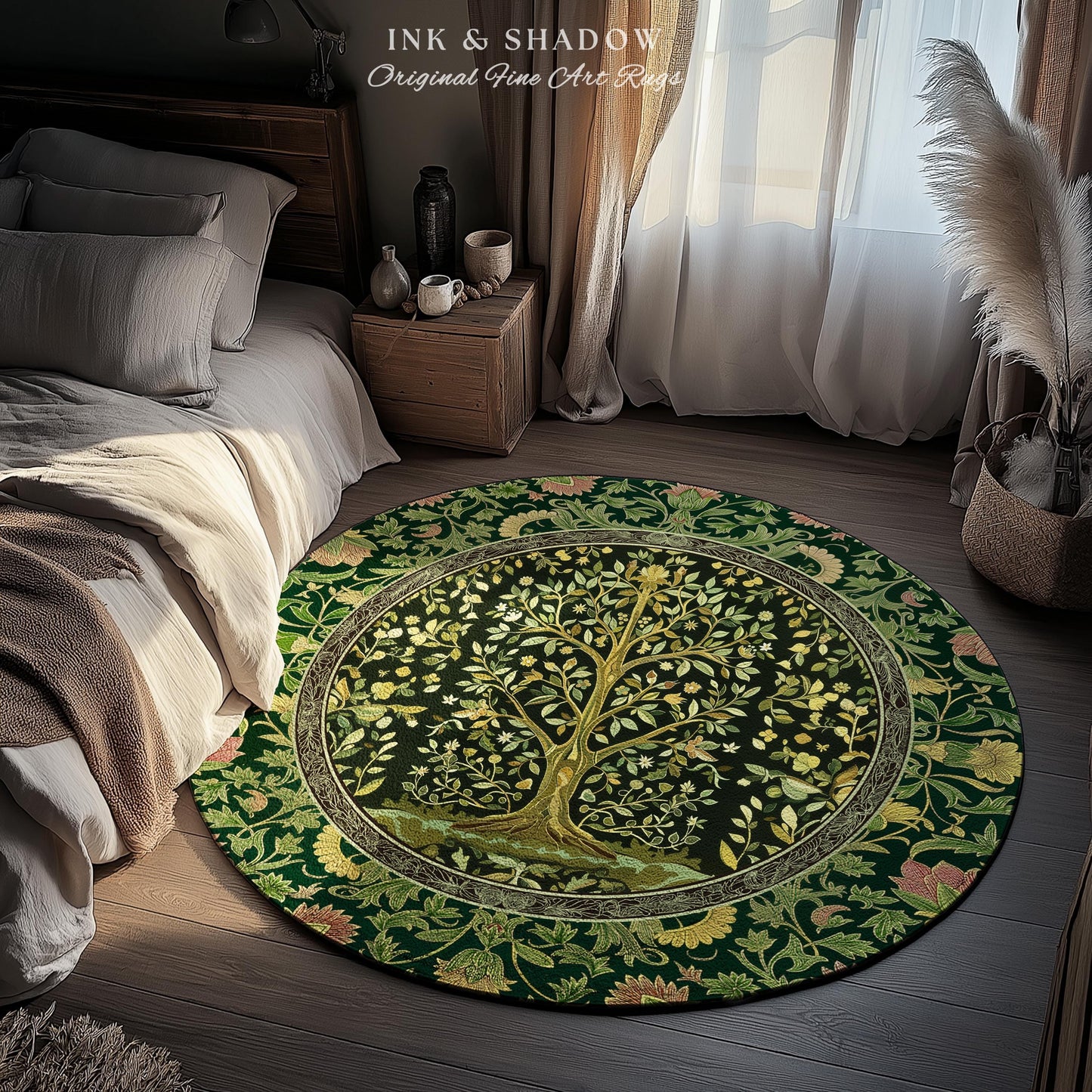Golden Aesthetic Tree of Life Rug | Emerald Botanical Decor Romantic Folklore Gothic Tapestry Style Vintage Floral Maximalist Home Accent |