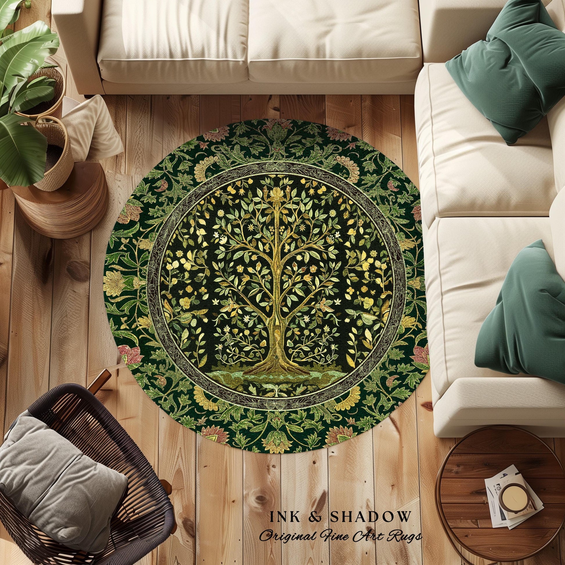 Golden Aesthetic Tree of Life Rug | Emerald Botanical Decor Romantic Folklore Gothic Tapestry Style Vintage Floral Maximalist Home Accent |