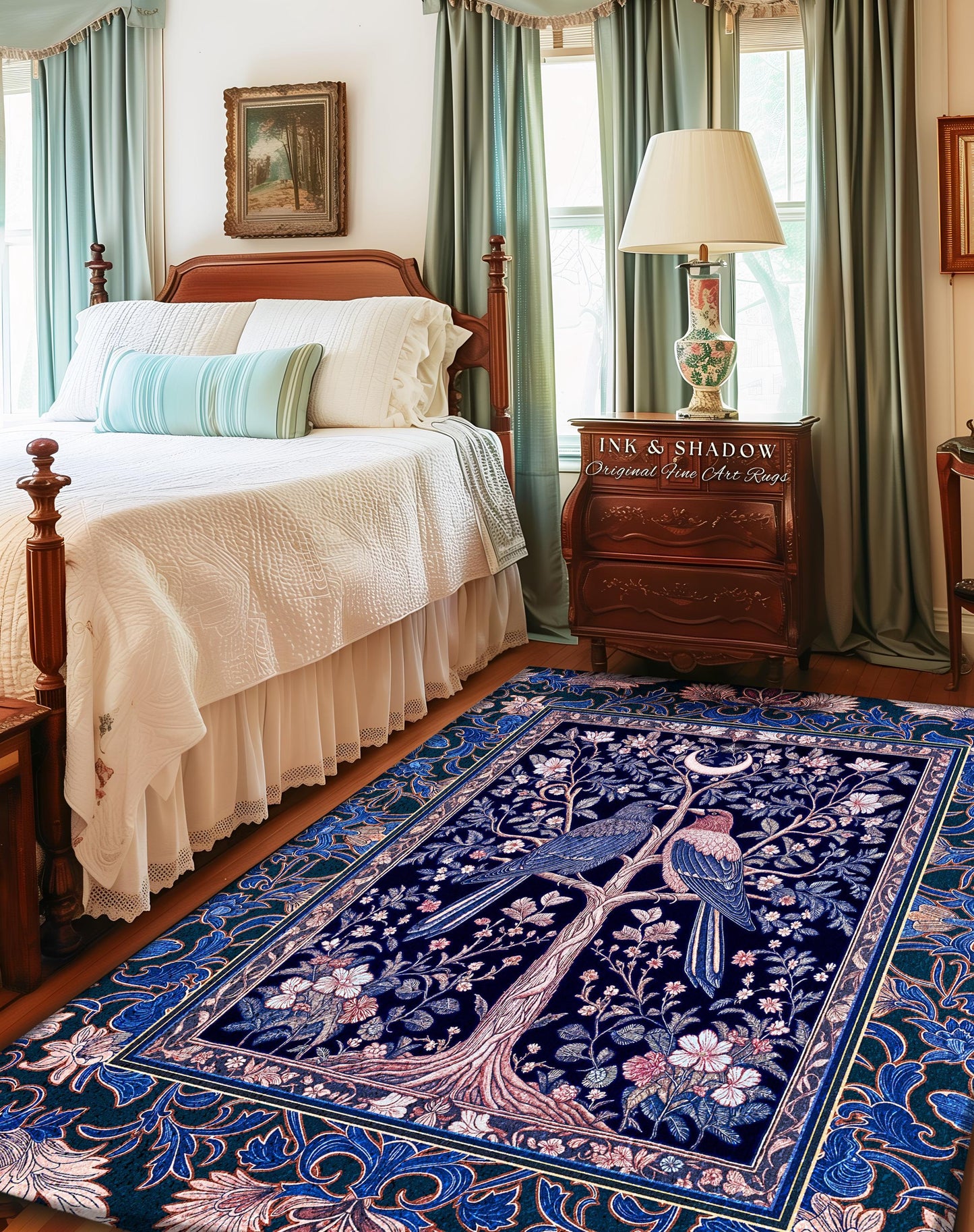 May include: A navy blue rug with a detailed floral and bird design. The rug features a central tree with two birds, surrounded by flowers and a border. The color palette includes shades of blue, pink, and white, creating a decorative accent for a bedroom.