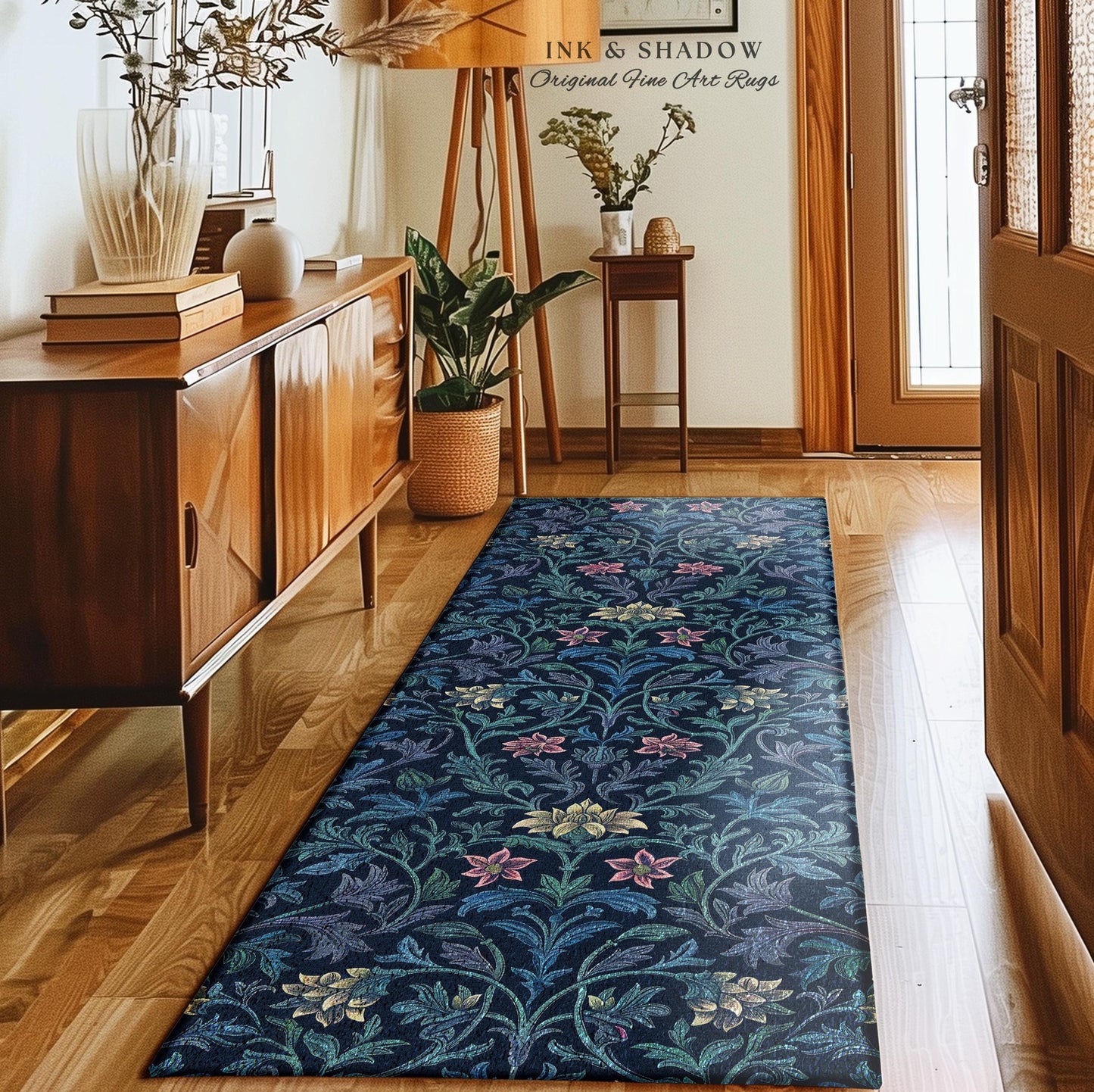 Baroque Florals Ornate Floral Rug | Victorian Revivalist Ethereal Timeless Accent Rug Dark Floral Indigo Blue Royal Cottagecore Elegance |