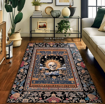 Dark Academia Celestial Skull Area Rug | Skull Witchy Baroque Tarot Aesthetic Gothic Decor Spooky Macabre Halloween Vibes Moon and Stars |