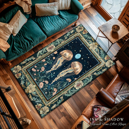 Enchanted Jellyfish Rug Midnight Blue Celestial Floral Coastal Cottagecore, Art Nouveau Marine Fairycore Moonlit Mystical Underwater Decor