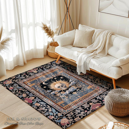 Dark Academia Celestial Skull Area Rug | Skull Witchy Baroque Tarot Aesthetic Gothic Decor Spooky Macabre Halloween Vibes Moon and Stars |