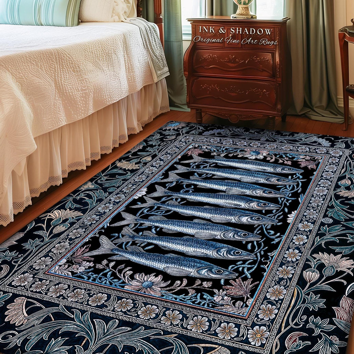 Decorative Sardine Ocean-Inspired Area Rug | Baroque Coastal Art Home Accent Rug Moody Nautical Theme Whimsical Style Bedroom Sea Life Theme