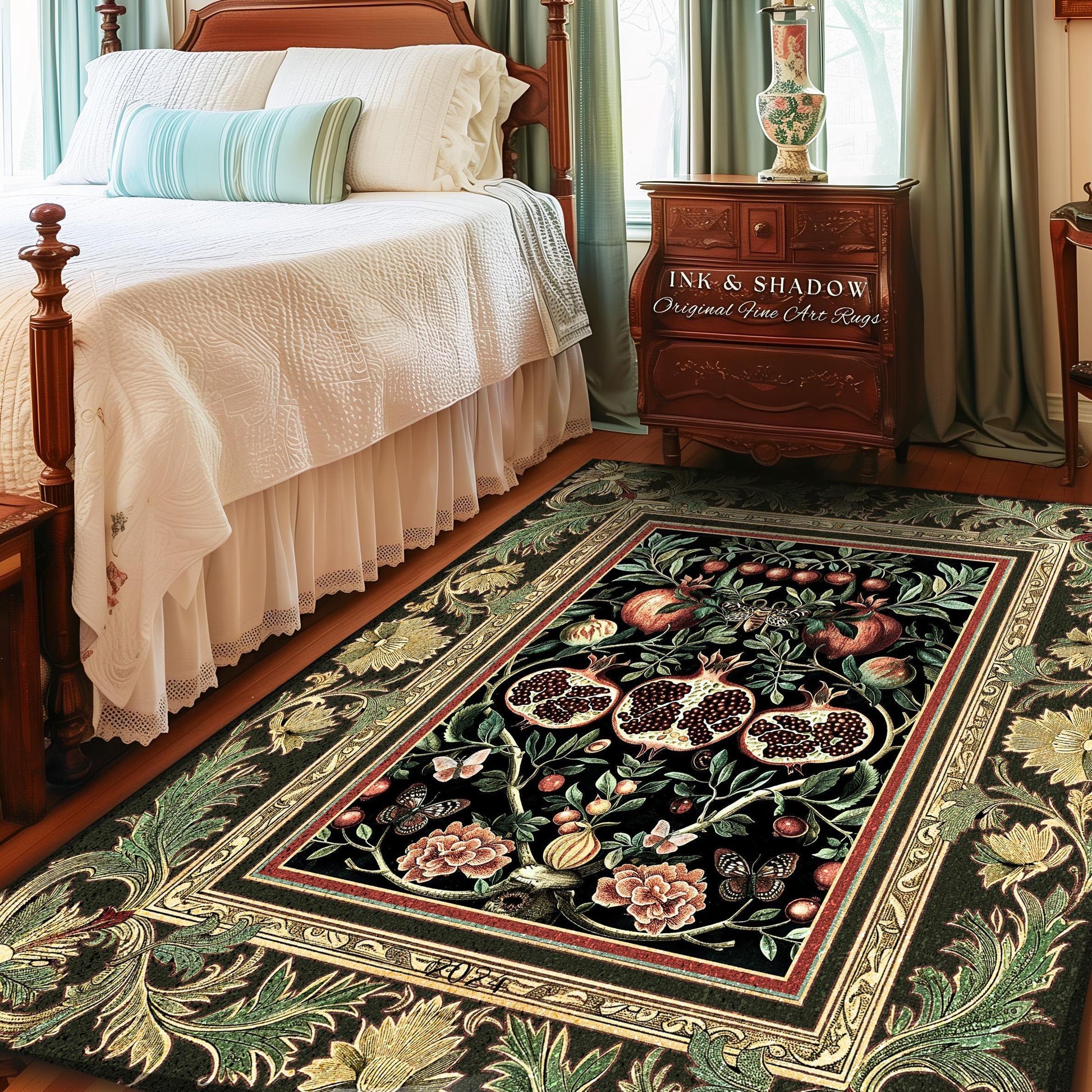 Forestcore Moody Maximalism Pomegranate Rug Earthy Whimsigoth Aesthetic, Floral Fairycore Grunge Medieval Nature Inspired Woodland Gothic