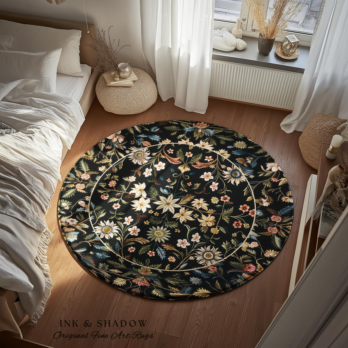 Floral Folk Art Area Rug | Scandinavian Wildflower Aesthetic Danish Pastel Home Decor Rustic Housewarming Gift Fairycore Bedroom Folklore |