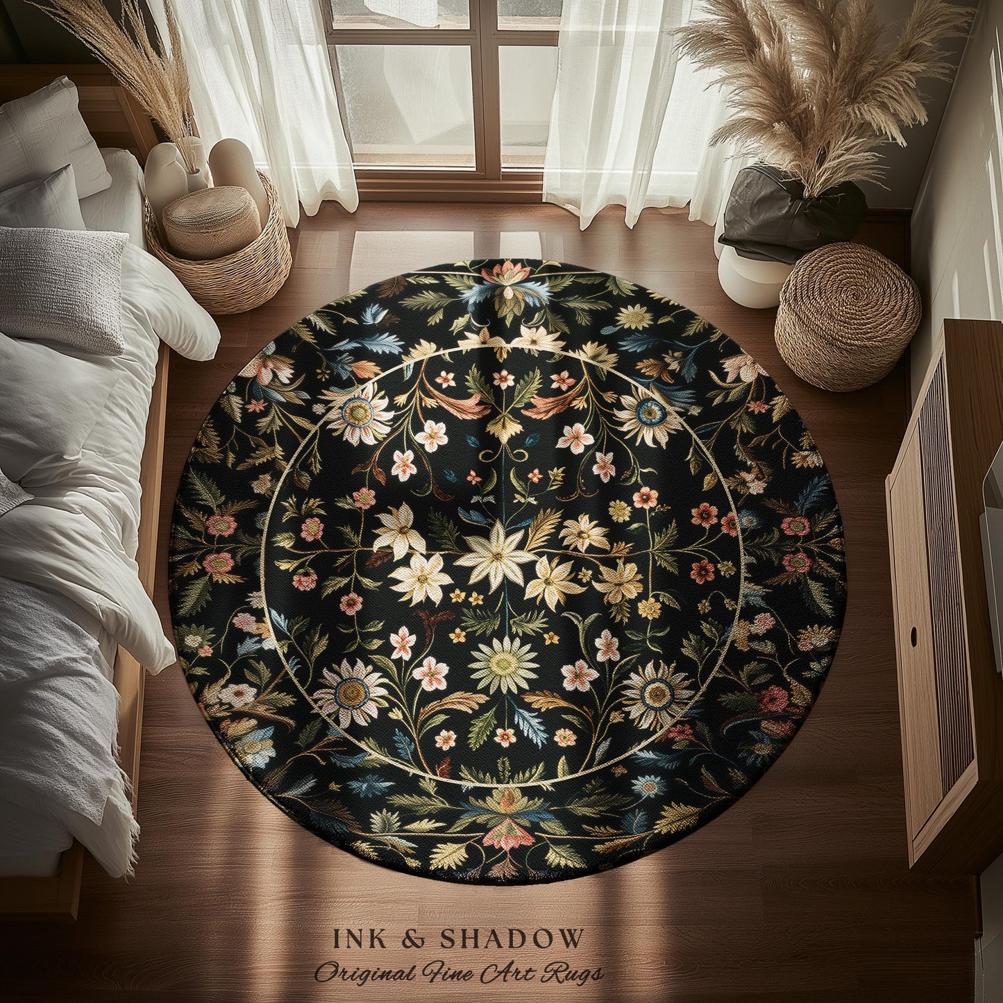 Floral Folk Art Area Rug | Scandinavian Wildflower Aesthetic Danish Pastel Home Decor Rustic Housewarming Gift Fairycore Bedroom Folklore |