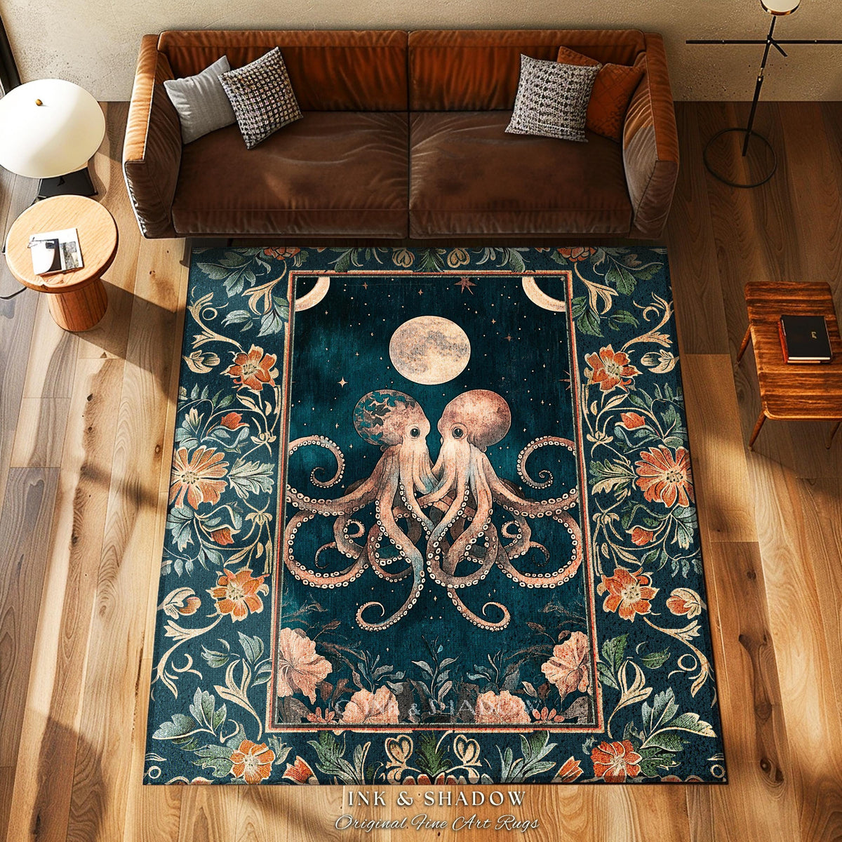 Moonlit Ocean Aesthetic Octopus Rug | Underwater Theme Ocean Aesthetic Eclectic Oddities Whimsical Area Rug Magical Ethereal Sea Life Accent