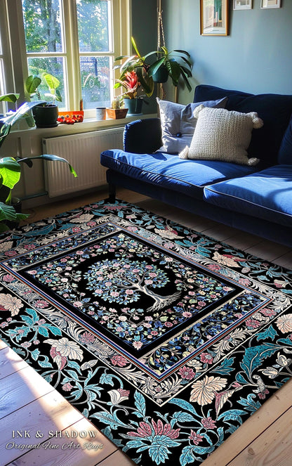 Timeless Folklore Tree Accent Rug | Gothic Floral Medieval Ornate Nature Motif Romantic Garden Aesthetic Tapestry Decor Maximalist Home |