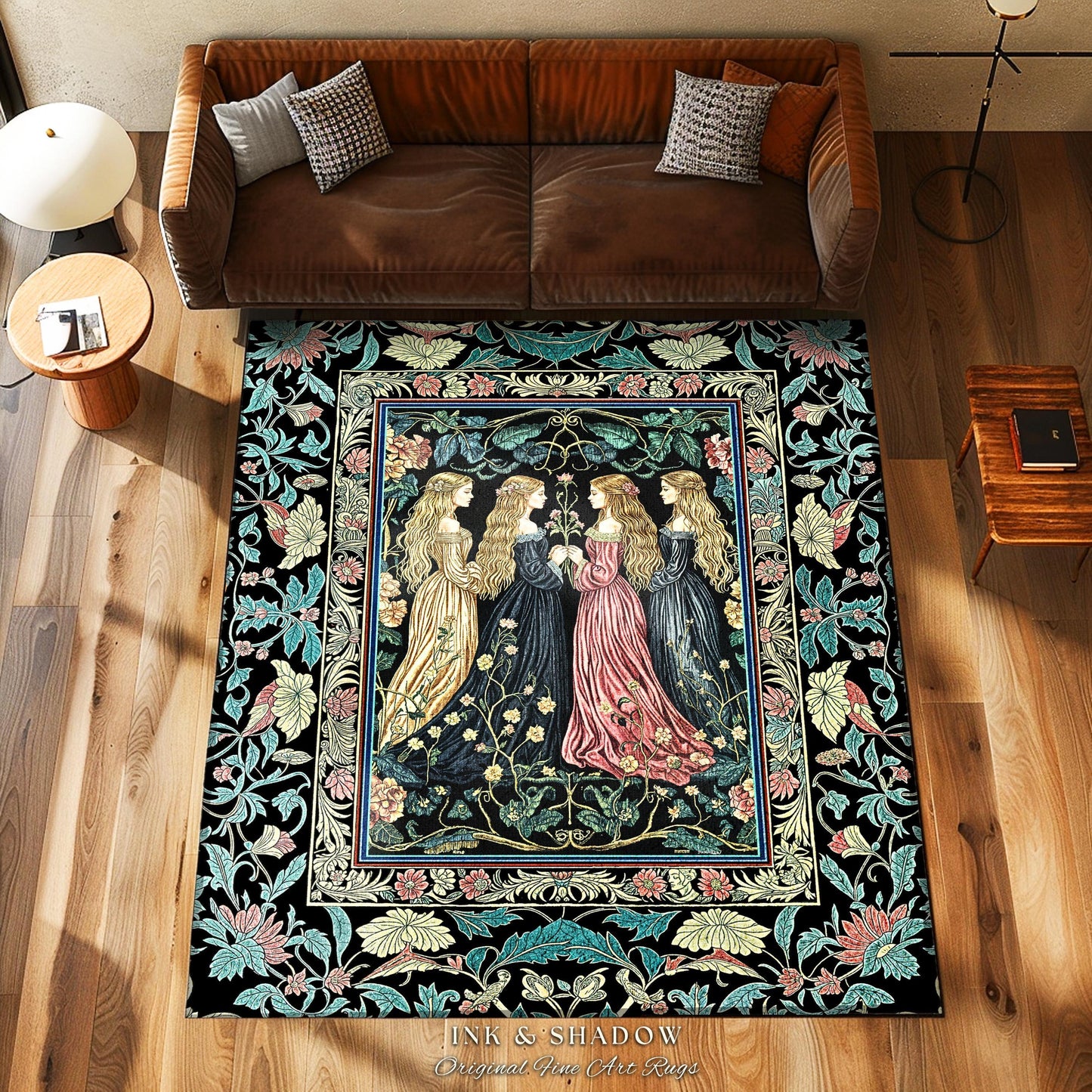 Wiccan Botanical Style Accent Rug | Medieval Celestial Dark Cottagecore Folklore Sisterhood Magic Witchy Bedroom Enchanted Boho Aesthetic |