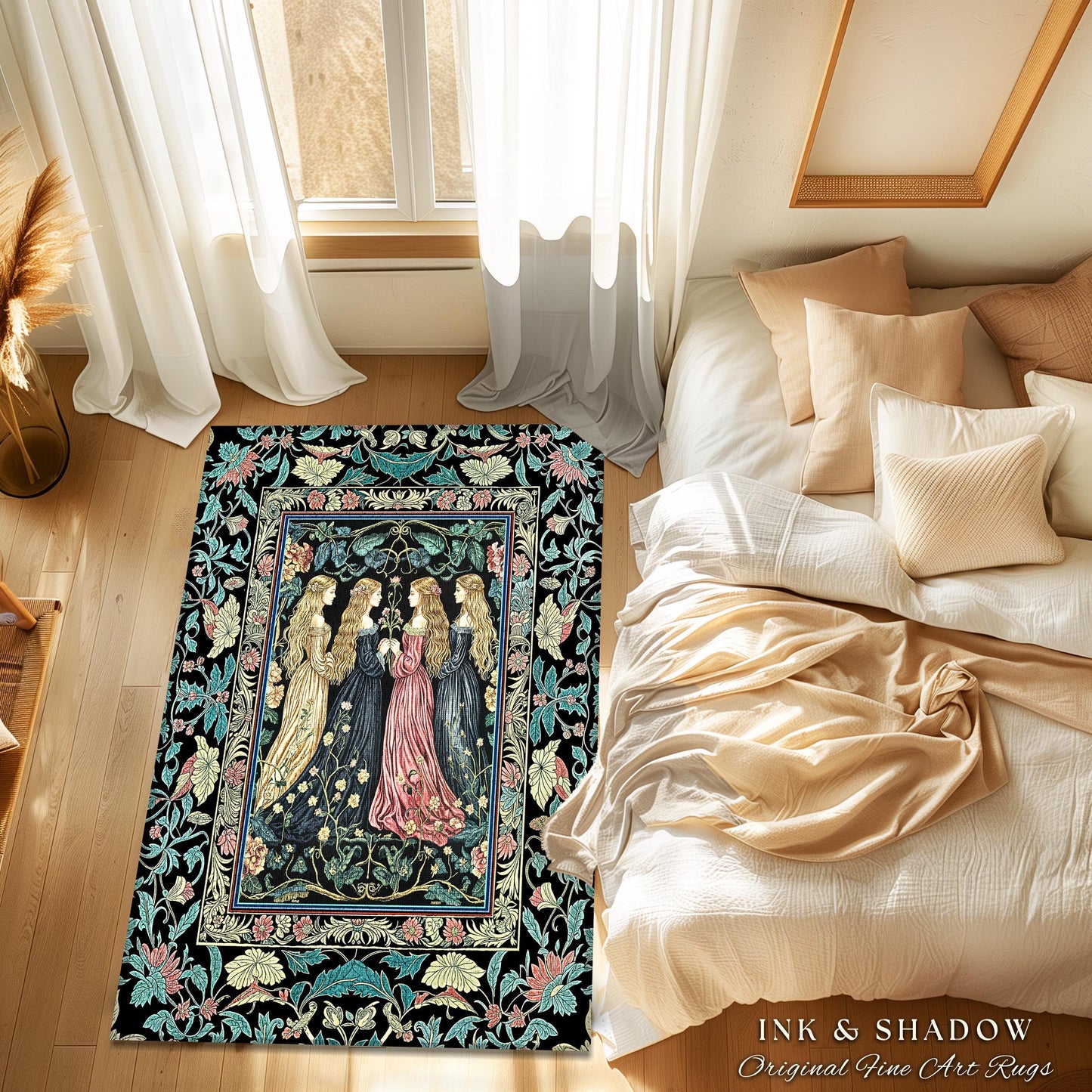 Wiccan Botanical Style Accent Rug | Medieval Celestial Dark Cottagecore Folklore Sisterhood Magic Witchy Bedroom Enchanted Boho Aesthetic |