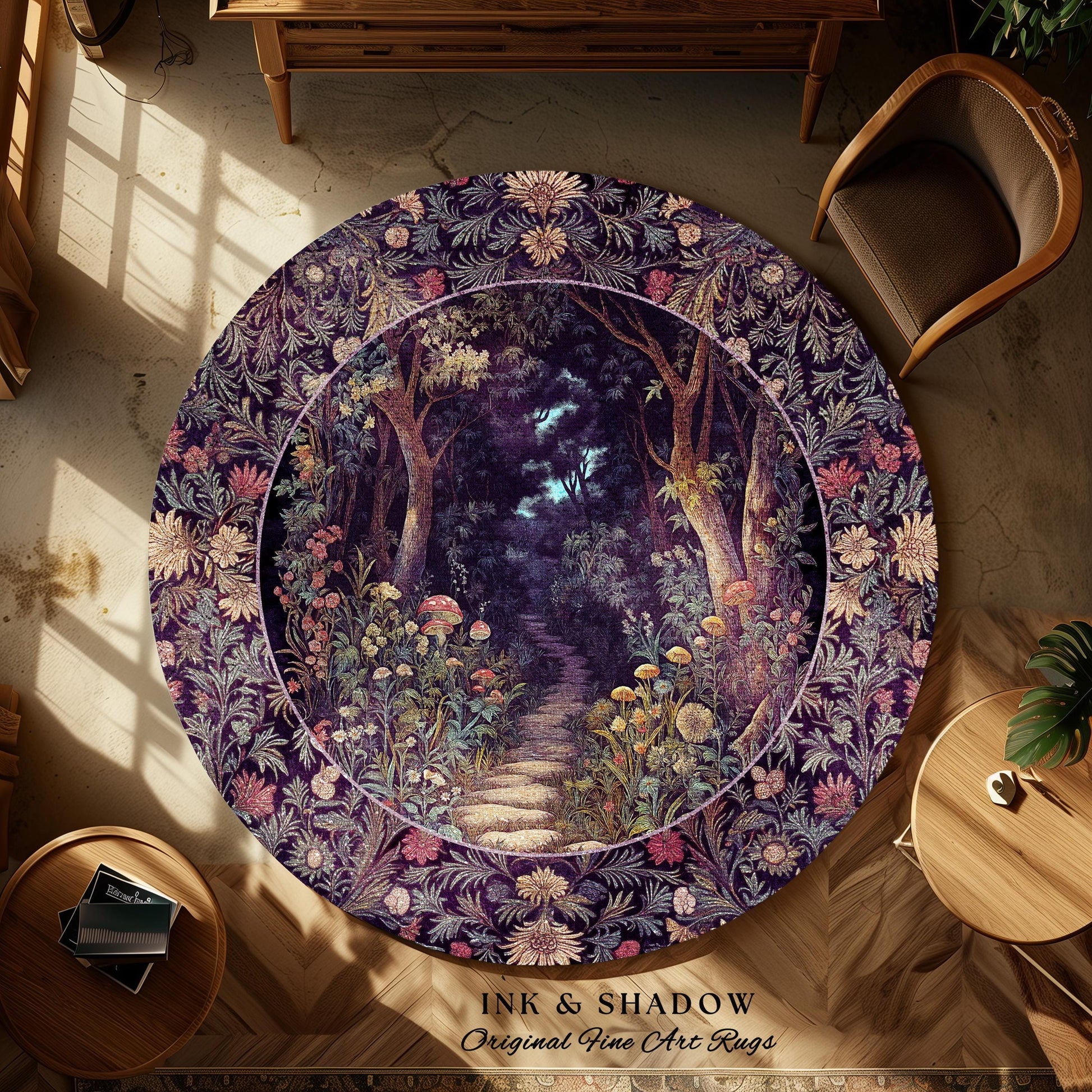 Magical Woodland Mushroom Rug | Fairytale Theme Woodland Botanical Aesthetic Whimsical Home Decor Bedroom Housewarming Gift Purple Woods |