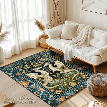 Antique Victorian Gothic Aesthetic Dragon Art Nouveau Rug | Whimsigoth Bedroom Fantasy Medieval Folklore Mythical Forestcore Enchanted Decor