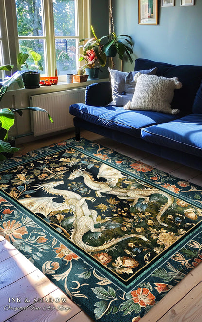 Antique Victorian Gothic Aesthetic Dragon Art Nouveau Rug | Whimsigoth Bedroom Fantasy Medieval Folklore Mythical Forestcore Enchanted Decor