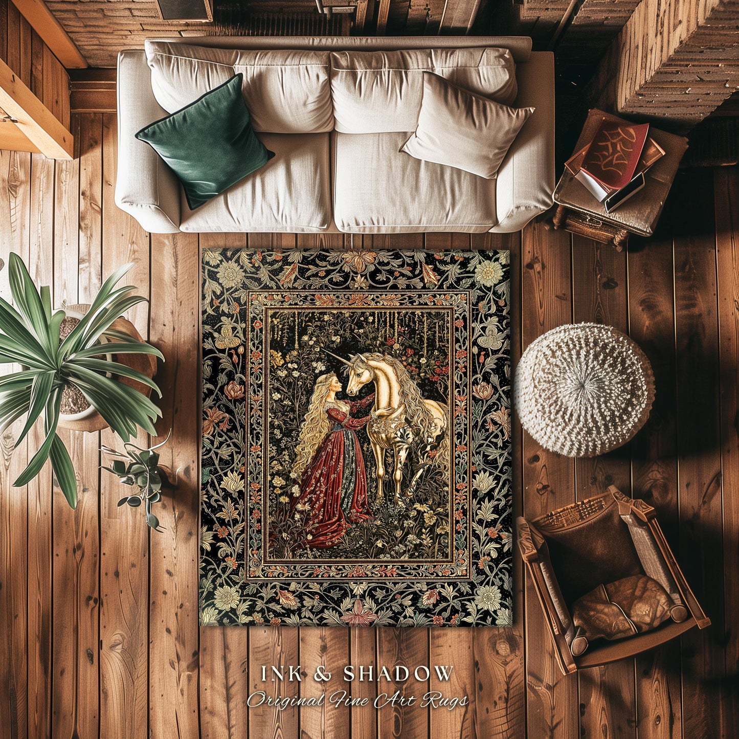 Romantic Fairytale Unicorn Area Rug | Regency Dark Cottagecore Coquette Home Decor Accent Dreamy Rococo Bedroom Storybook Gothic Style Decor