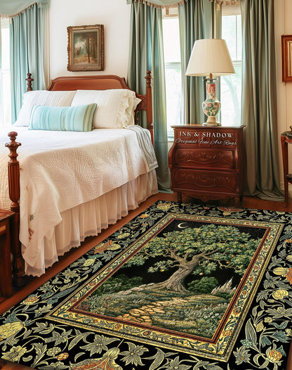 Emerald Aesthetic Folklore Area Rug | Celestial Tree of Life Moonlit Forest Enchanted Mystic Woodland Decor Dark Cottagecore Whimsical Decor