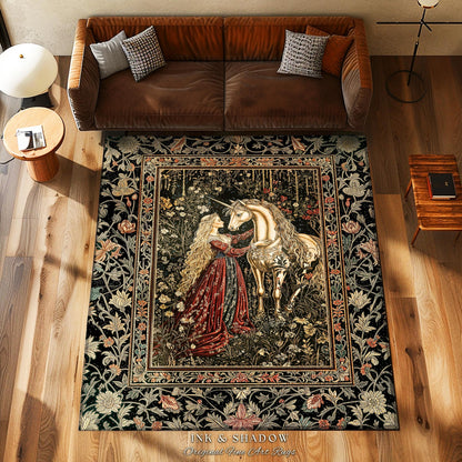 Romantic Fairytale Unicorn Area Rug | Regency Dark Cottagecore Coquette Home Decor Accent Dreamy Rococo Bedroom Storybook Gothic Style Decor