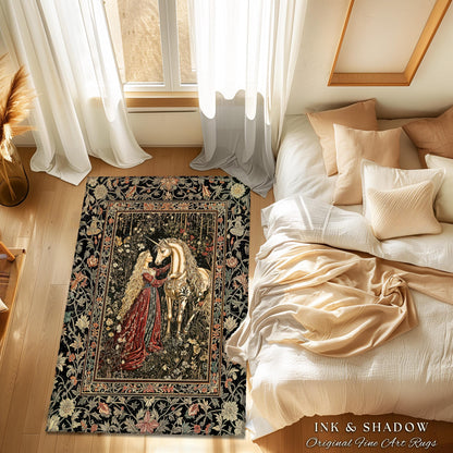 Romantic Fairytale Unicorn Area Rug | Regency Dark Cottagecore Coquette Home Decor Accent Dreamy Rococo Bedroom Storybook Gothic Style Decor