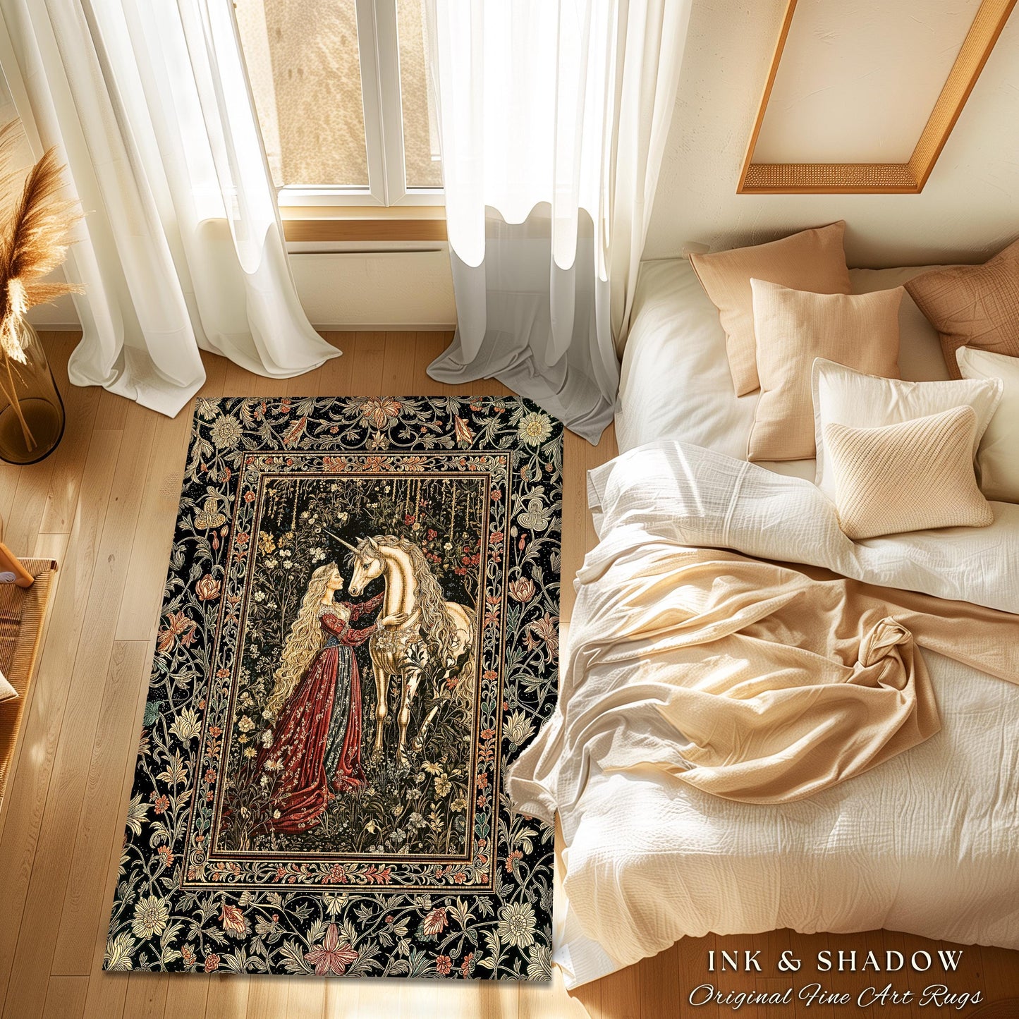 Romantic Fairytale Unicorn Area Rug | Regency Dark Cottagecore Coquette Home Decor Accent Dreamy Rococo Bedroom Storybook Gothic Style Decor