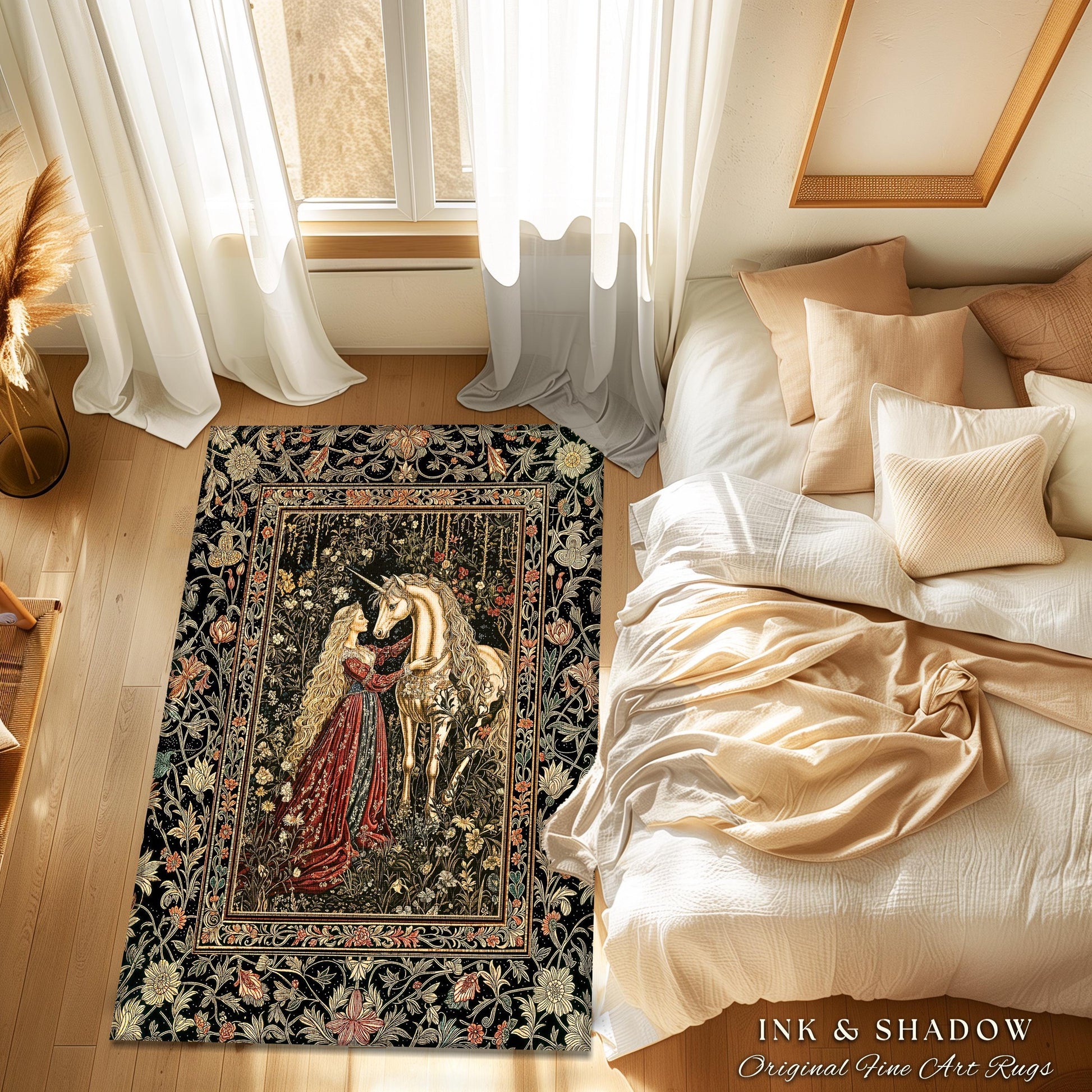 Romantic Fairytale Unicorn Area Rug | Regency Dark Cottagecore Coquette Home Decor Accent Dreamy Rococo Bedroom Storybook Gothic Style Decor