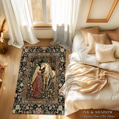 Romantic Fairytale Unicorn Area Rug | Regency Dark Cottagecore Coquette Home Decor Accent Dreamy Rococo Bedroom Storybook Gothic Style Decor