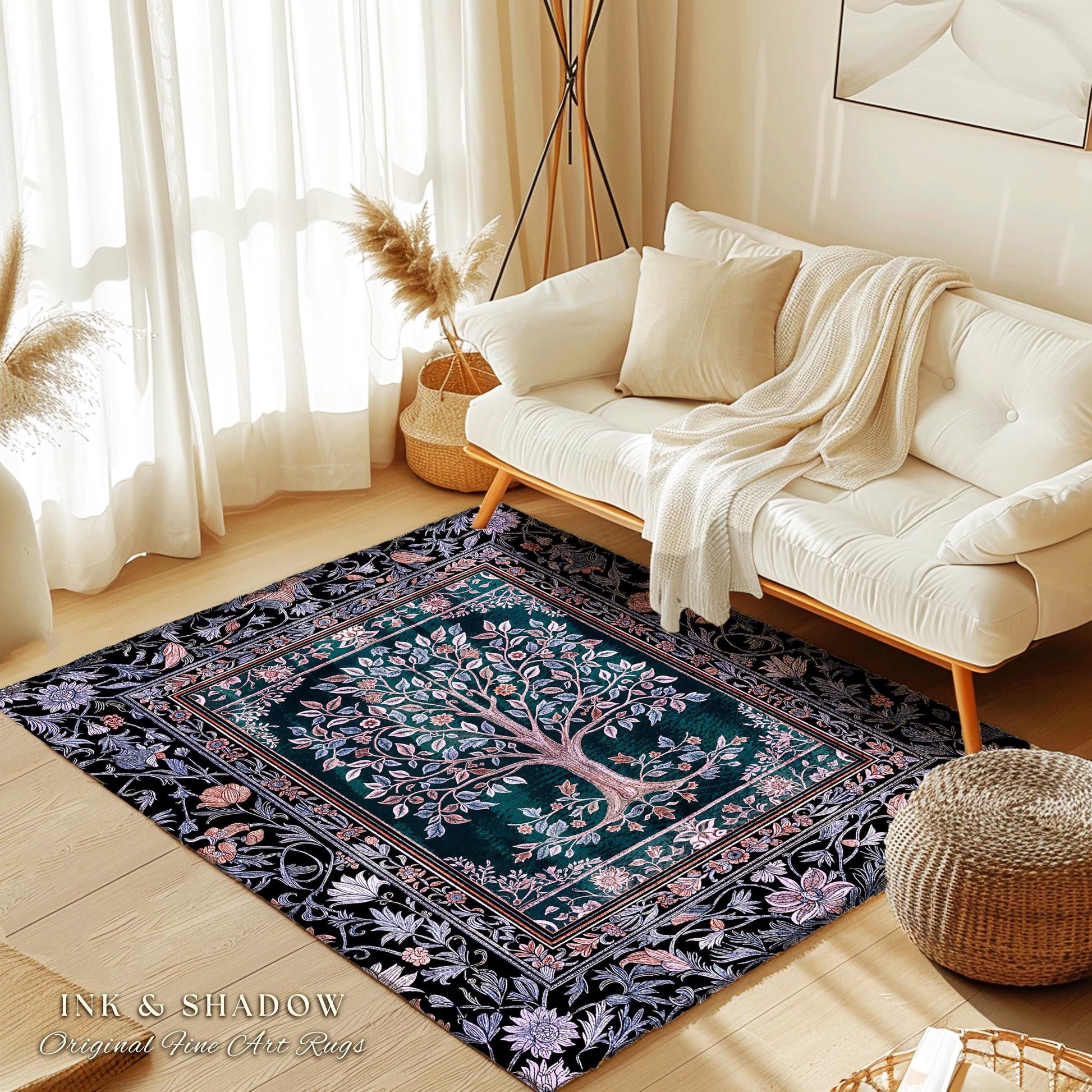 Whimsical Lavender Tree of Life Rug | Pastel Botanical Theme Romantic Cottagecore Decor Medieval Gothic Style Vintage Folk Art Home Accent