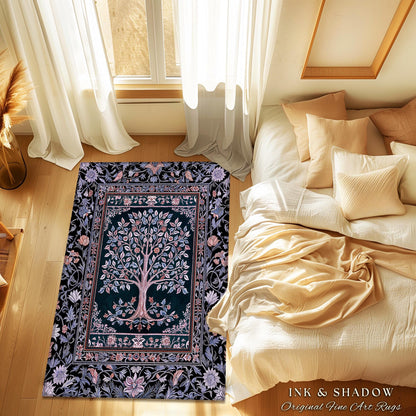 Whimsical Lavender Tree of Life Rug | Pastel Botanical Theme Romantic Cottagecore Decor Medieval Gothic Style Vintage Folk Art Home Accent