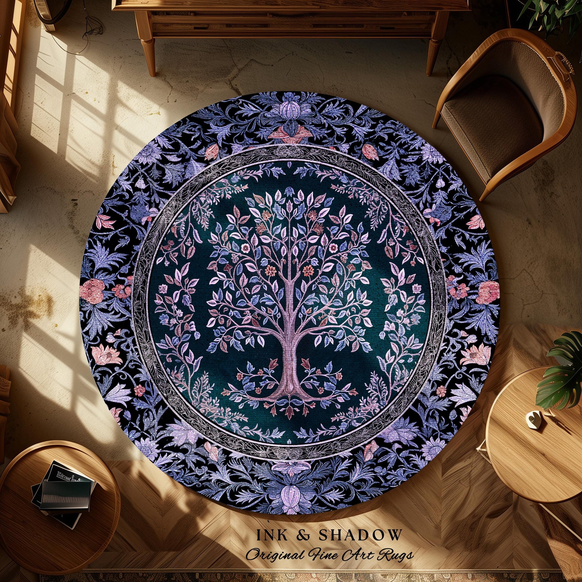 Whimsical Lavender Tree of Life Rug | Pastel Botanical Theme Romantic Cottagecore Decor Medieval Gothic Style Vintage Folk Art Home Accent