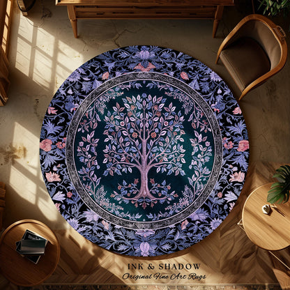 Whimsical Lavender Tree of Life Rug | Pastel Botanical Theme Romantic Cottagecore Decor Medieval Gothic Style Vintage Folk Art Home Accent