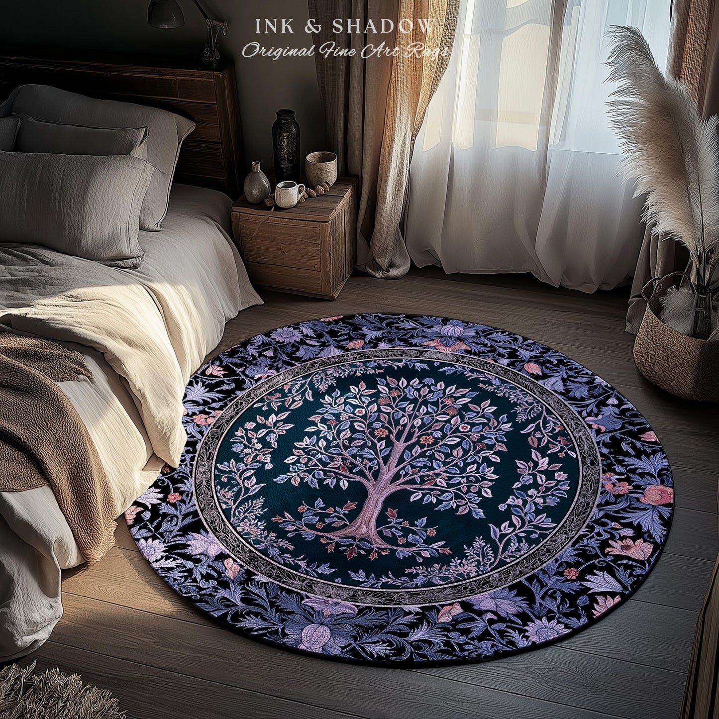 Whimsical Lavender Tree of Life Rug | Pastel Botanical Theme Romantic Cottagecore Decor Medieval Gothic Style Vintage Folk Art Home Accent
