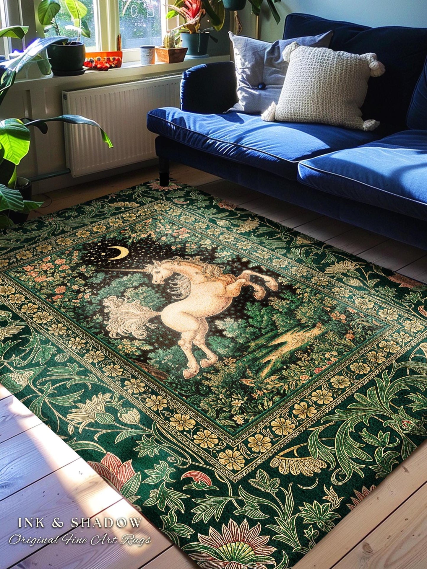 Magic Garden Unicorn Aesthetic Rug | Crescent Moon Cottagecore Pegasus Regal Decor Forest Baroque Accent Castlecore Romantic Mystical Style
