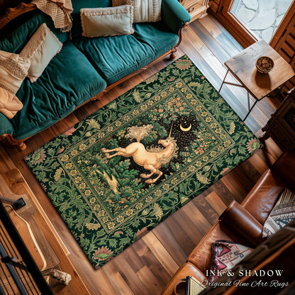 Magic Garden Unicorn Aesthetic Rug | Crescent Moon Cottagecore Pegasus Regal Decor Forest Baroque Accent Castlecore Romantic Mystical Style