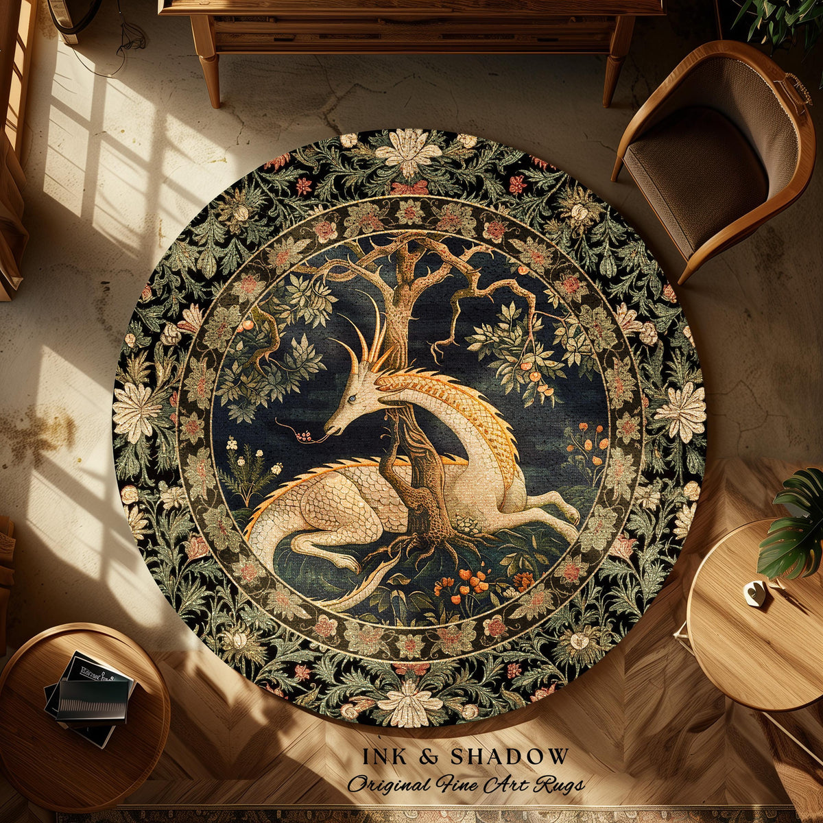 Dark Academia Dragon Round Area Rug | Medieval Folklore Room Decor Fairytale Inspired DnD Gift Dark Cottagecore Fairycore Mystical Game Room