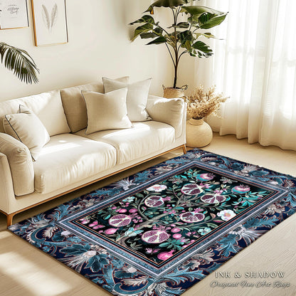 Enchanted Floral Pomegranate Rug Whimsigothic Botanical Witch Cottagecore Decor, Witchy Dark Academia Indigo Blue Forestcore Art Nouveau Rug