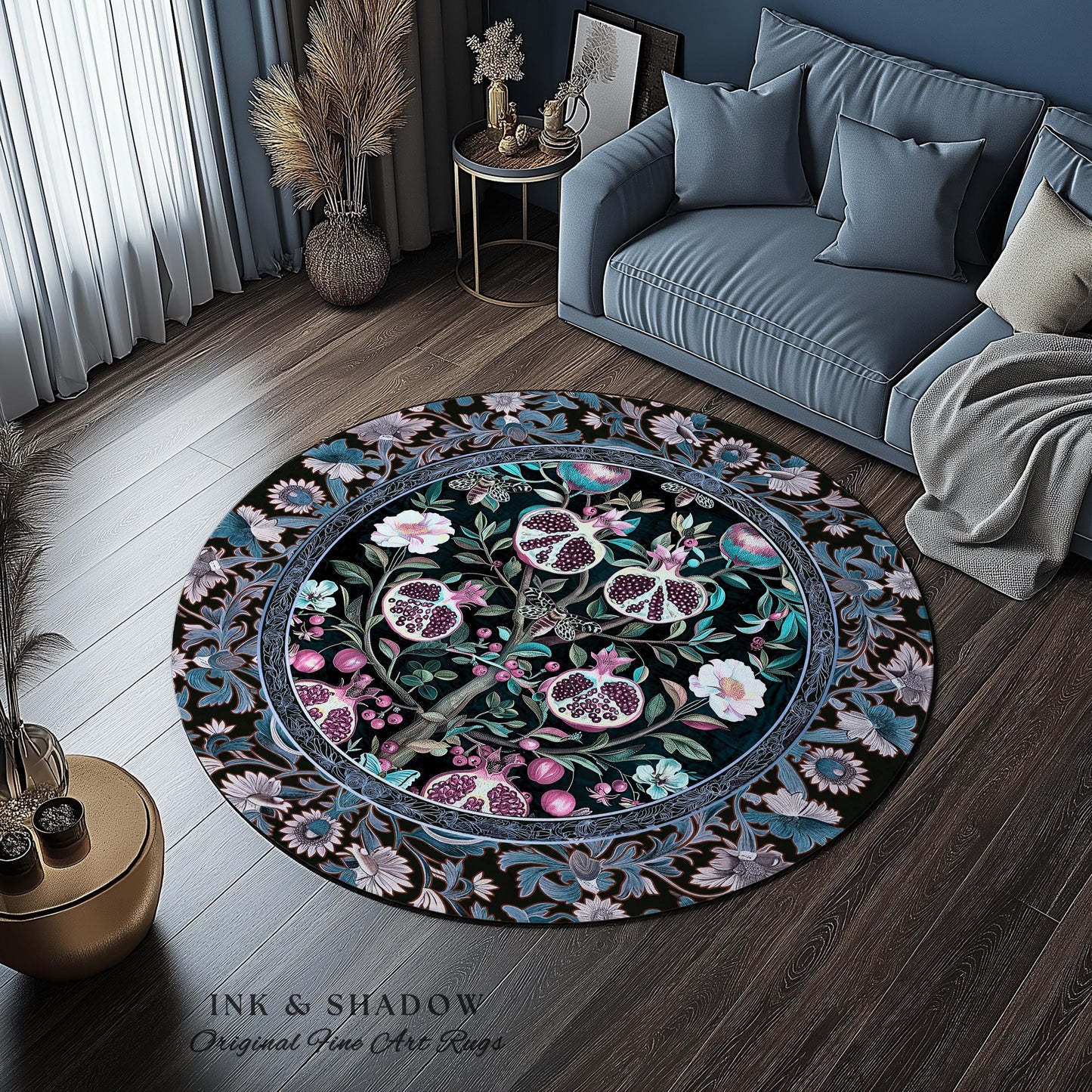 Enchanted Floral Pomegranate Rug Whimsigothic Botanical Witch Cottagecore Decor, Witchy Dark Academia Indigo Blue Forestcore Art Nouveau Rug